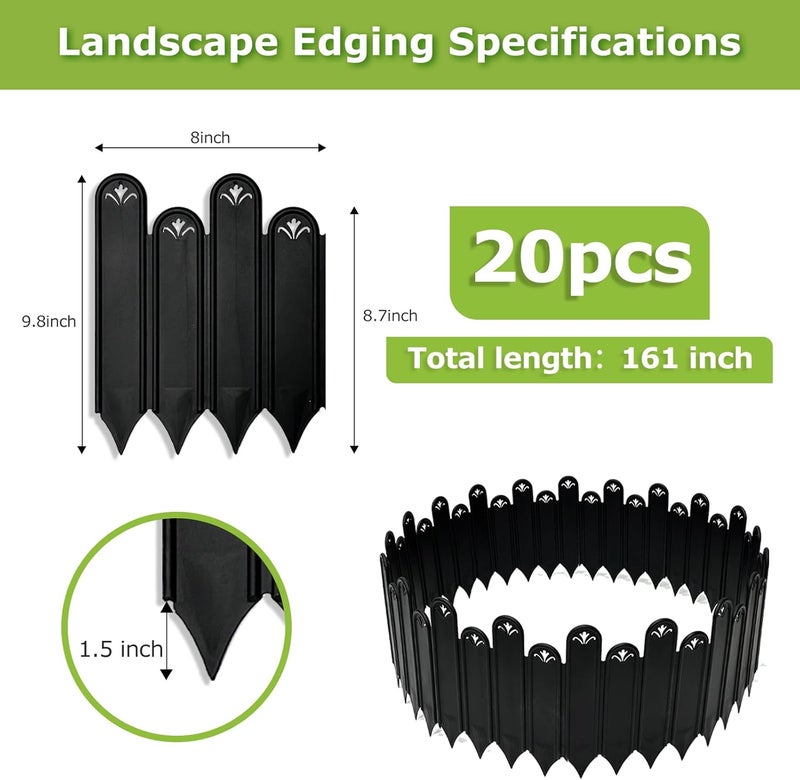 RUCOIN Garden Edging - 20pcs Plastic Garden Fence Edging,Single Piece Garden Fence Border Size:9.8 * 8inch, Decorative Lawn Landscape Panels Elements(Black) - Image 2